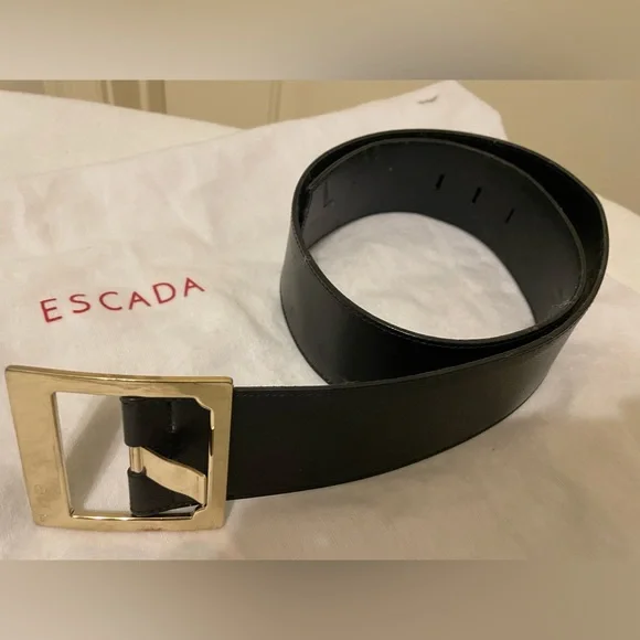ESCADA Women’s Gilded Gold Geometric Luxury Elegance Classic Adjustable Belt Escada | Accessories | Escada Womens Black Belt Gold Buckle  main image 4